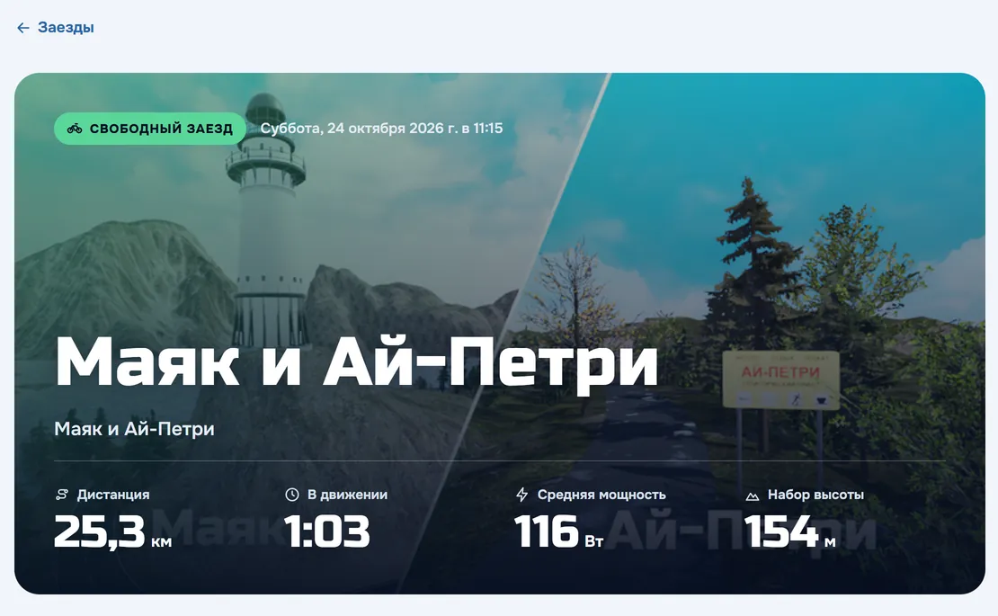 Страница заезда: карта, дистанция, время в движении, средняя мощность и набор высоты
