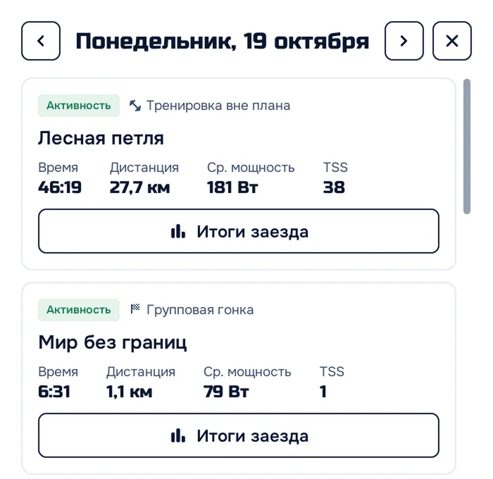 Календарь в приложении: заезды дня с временем, дистанцией и мощностью